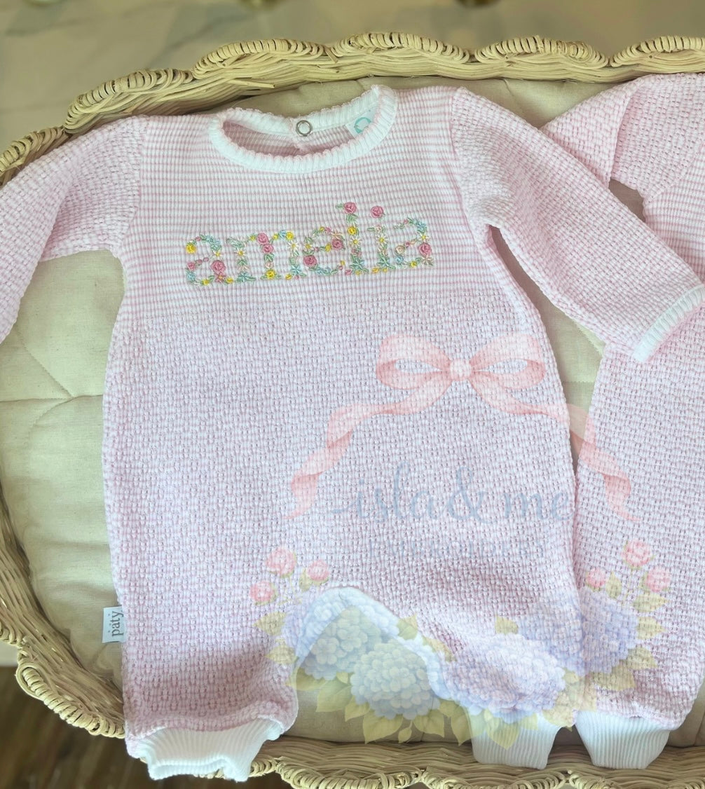 Floral Name Embroidered Knit Romper
