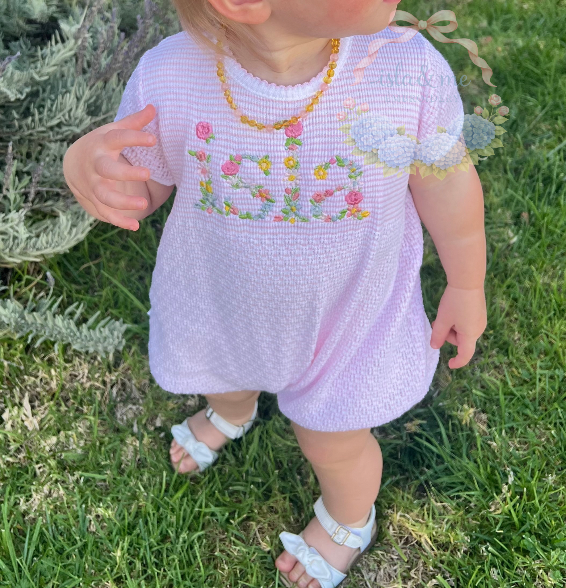 Pink Knit Bubble with Floral Embroidered Name