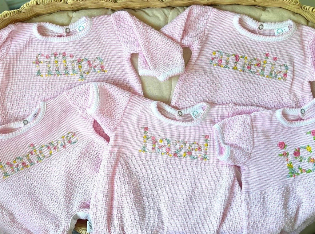 Floral Name Embroidered Knit Romper