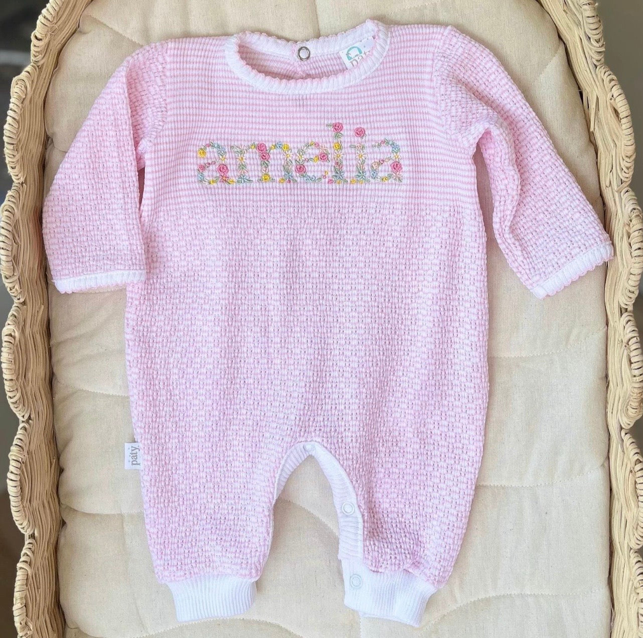 Floral Name Embroidered Knit Romper